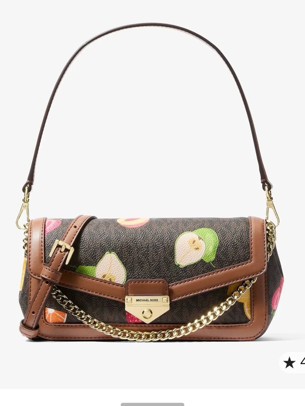 Michael Kors Brown Leather-Trim Fruit Print Shoulder Bag with Gold Hardware